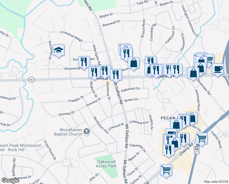 map of restaurants, bars, coffee shops, grocery stores, and more near 1761 Mount Gallant Road in Rock Hill