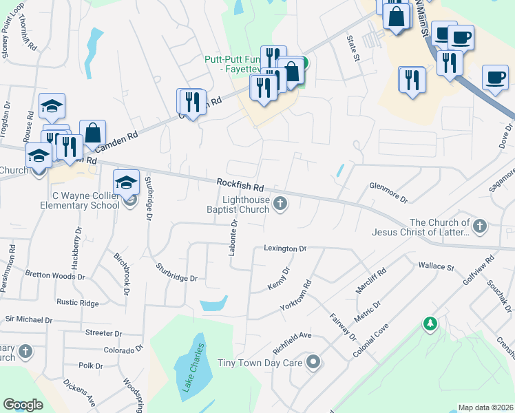 map of restaurants, bars, coffee shops, grocery stores, and more near 6051 Rockfish Road in Hope Mills