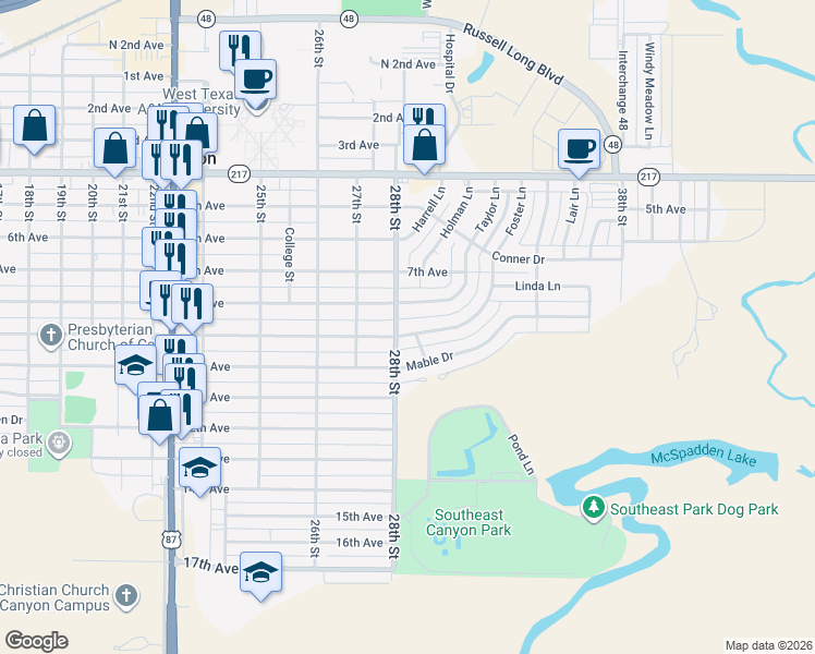 map of restaurants, bars, coffee shops, grocery stores, and more near 725 Taylor Ln in Canyon