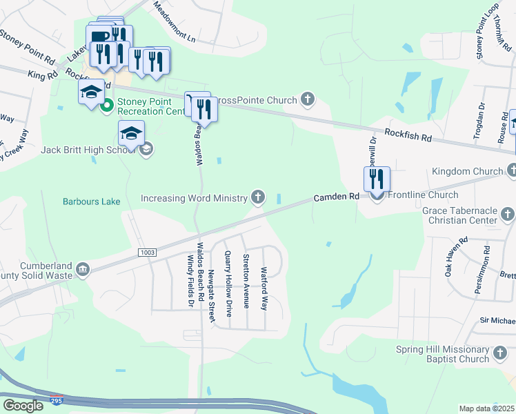 map of restaurants, bars, coffee shops, grocery stores, and more near 7008 Camden Road in Fayetteville
