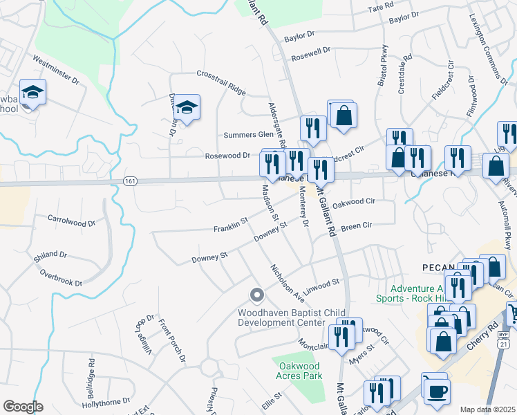 map of restaurants, bars, coffee shops, grocery stores, and more near 2127 Franklin Street in Rock Hill
