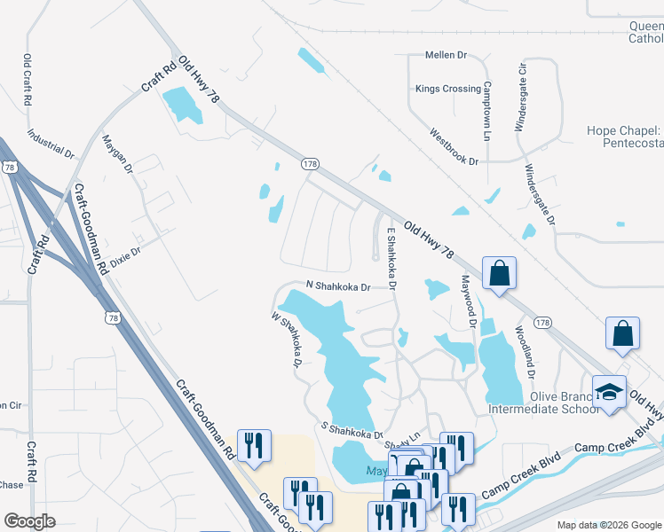 map of restaurants, bars, coffee shops, grocery stores, and more near 7877 Allenwood Lane in Olive Branch