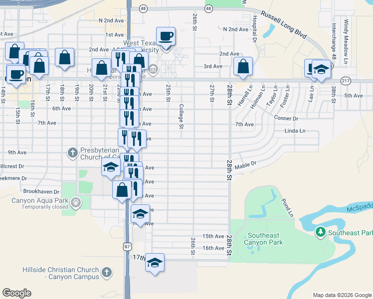 map of restaurants, bars, coffee shops, grocery stores, and more near 2516 8th Avenue in Canyon