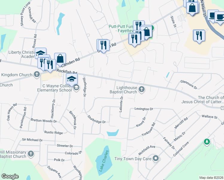 map of restaurants, bars, coffee shops, grocery stores, and more near 6179 Rockfish Road in Hope Mills