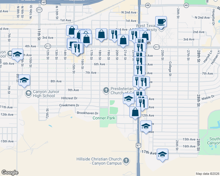 map of restaurants, bars, coffee shops, grocery stores, and more near 1900 8th Avenue in Canyon