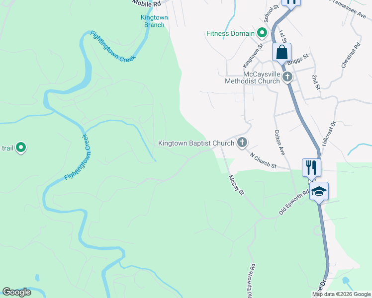 map of restaurants, bars, coffee shops, grocery stores, and more near 85 Brookstone Way in McCaysville