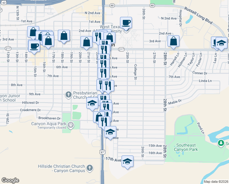 map of restaurants, bars, coffee shops, grocery stores, and more near 2406 8th Avenue in Canyon