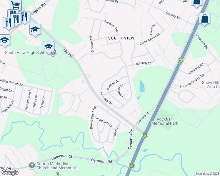 map of restaurants, bars, coffee shops, grocery stores, and more near 716 Connaly Drive in Hope Mills