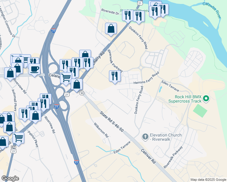 map of restaurants, bars, coffee shops, grocery stores, and more near 1157 Herrons Ferry Road in Rock Hill