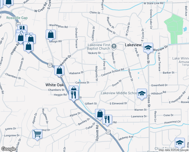 map of restaurants, bars, coffee shops, grocery stores, and more near 308 Alabama Avenue in Rossville