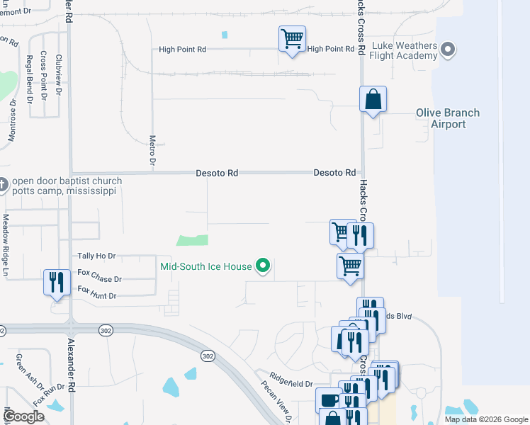 map of restaurants, bars, coffee shops, grocery stores, and more near 10697 Desoto Road in Olive Branch