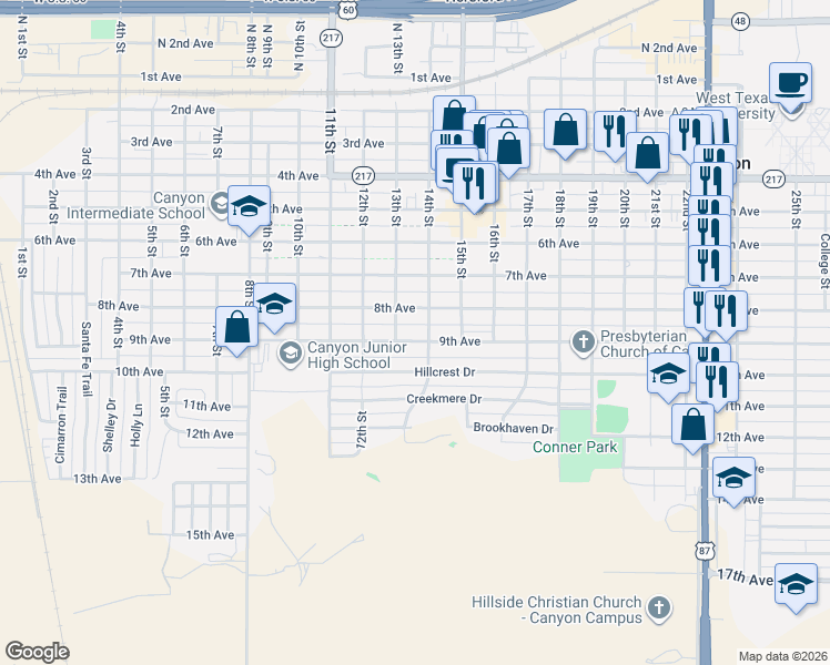 map of restaurants, bars, coffee shops, grocery stores, and more near 1300 8th Ave in Canyon