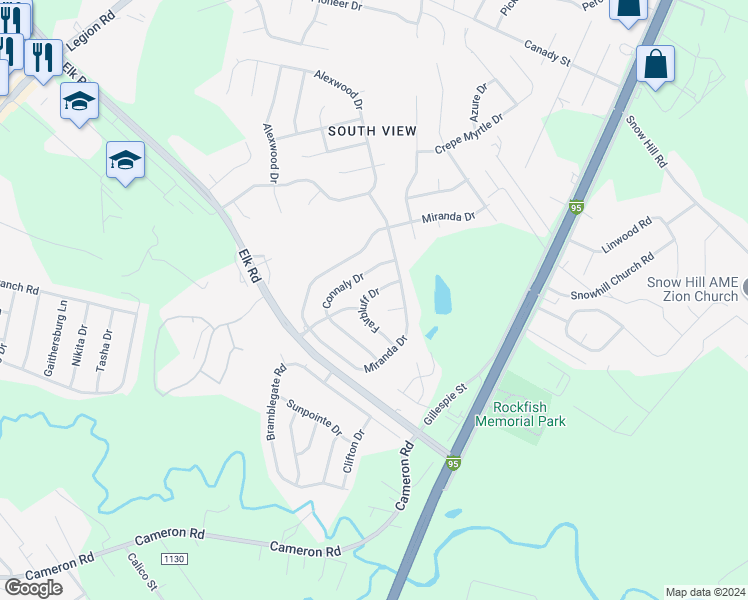 map of restaurants, bars, coffee shops, grocery stores, and more near 619 Fairbluff Drive in Hope Mills
