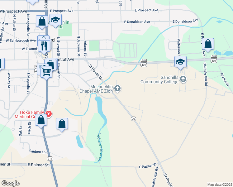 map of restaurants, bars, coffee shops, grocery stores, and more near 455 Saint Pauls Drive in Raeford