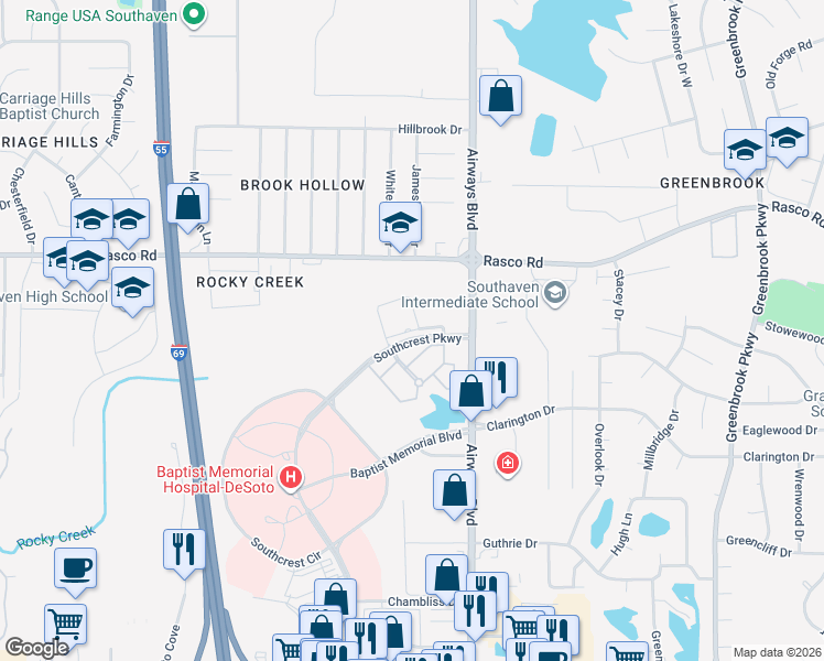 map of restaurants, bars, coffee shops, grocery stores, and more near Faulkner Lane in Southaven