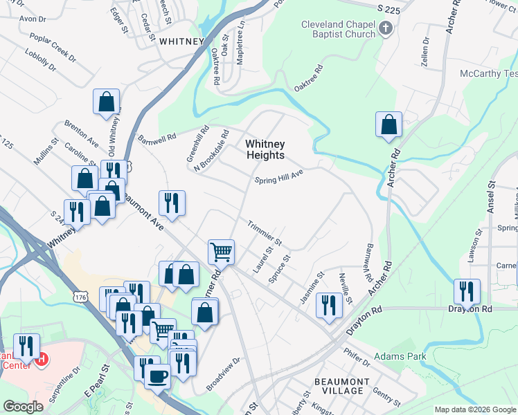 map of restaurants, bars, coffee shops, grocery stores, and more near 620 Trimmier Street in Spartanburg