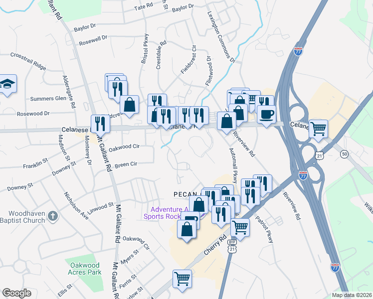 map of restaurants, bars, coffee shops, grocery stores, and more near 1746 Hunters Trail in Rock Hill