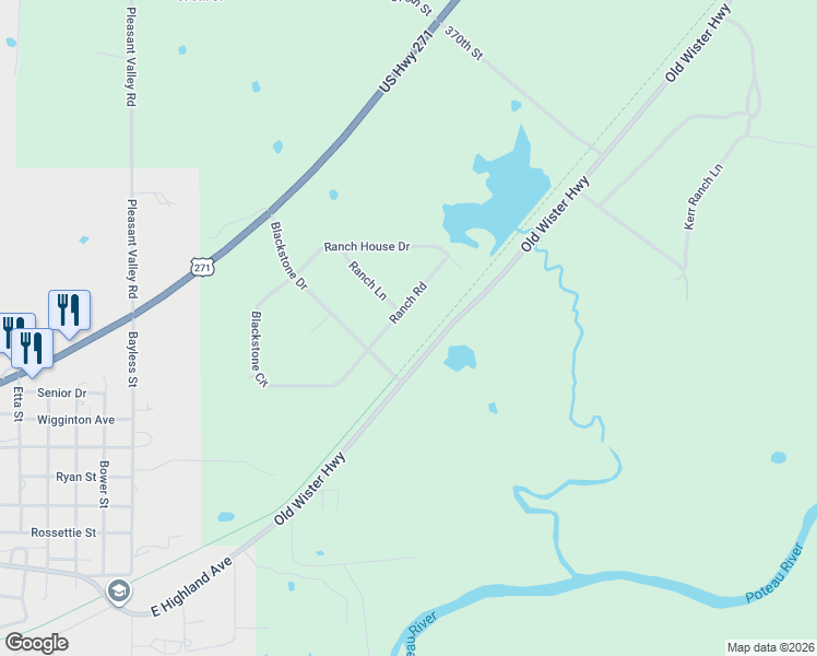 map of restaurants, bars, coffee shops, grocery stores, and more near 112 Ranch Road in Wister