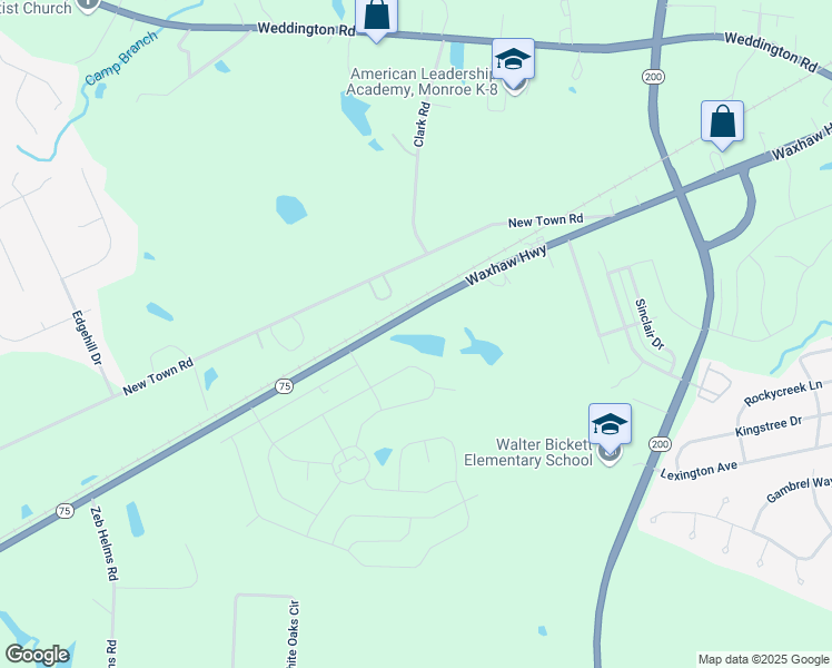 map of restaurants, bars, coffee shops, grocery stores, and more near 2509 Waxhaw Highway in Monroe