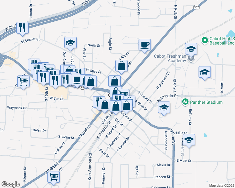 map of restaurants, bars, coffee shops, grocery stores, and more near 207 North 2nd Street in Cabot
