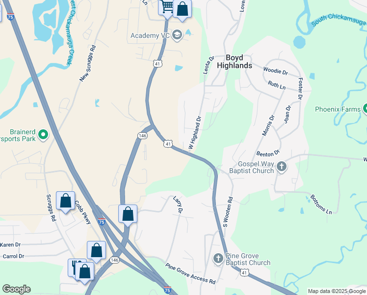 map of restaurants, bars, coffee shops, grocery stores, and more near 845 U.S. 41 in Ringgold