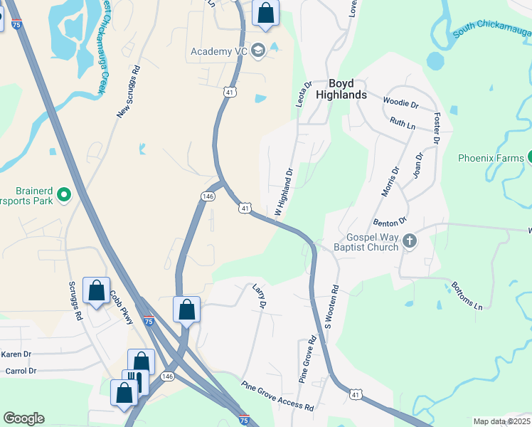map of restaurants, bars, coffee shops, grocery stores, and more near 845 U.S. 41 in Ringgold