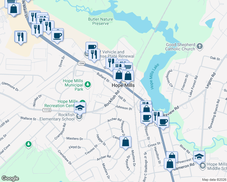 map of restaurants, bars, coffee shops, grocery stores, and more near 3431 Hill Street in Hope Mills