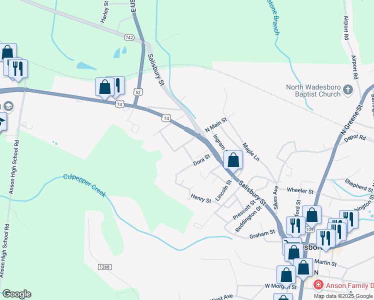 map of restaurants, bars, coffee shops, grocery stores, and more near 950 South Main Street in Wadesboro
