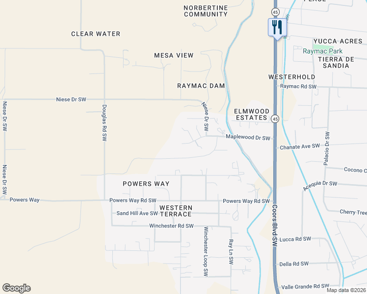 map of restaurants, bars, coffee shops, grocery stores, and more near 7850 Maplewood Drive Southwest in Albuquerque