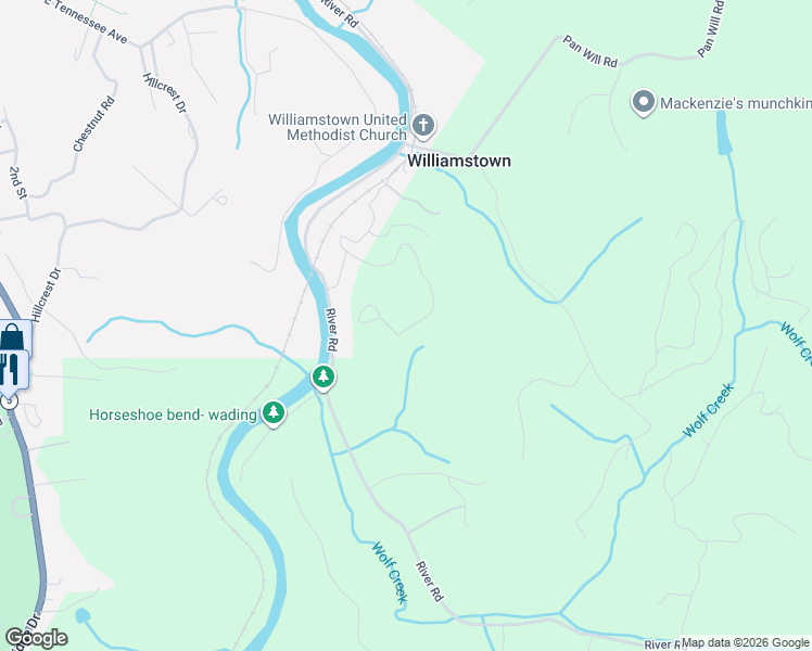 map of restaurants, bars, coffee shops, grocery stores, and more near 500 River Way in Blue Ridge