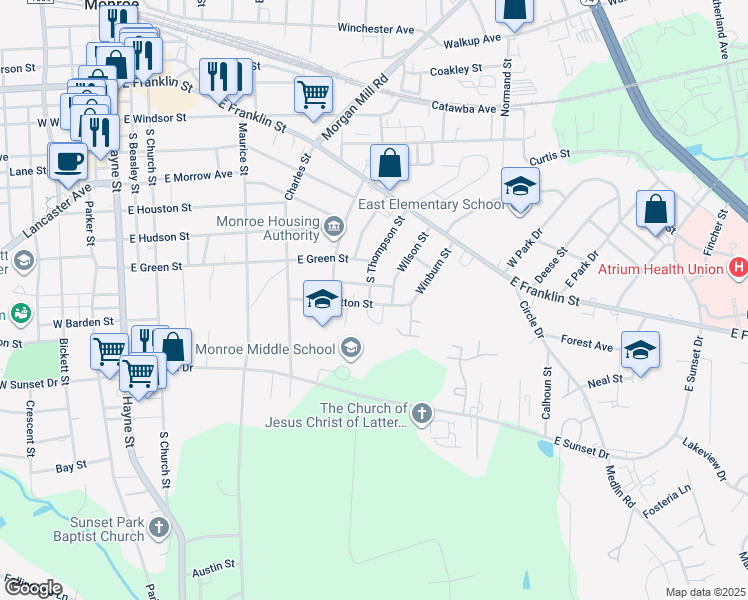 map of restaurants, bars, coffee shops, grocery stores, and more near 701 Cotton Street in Monroe