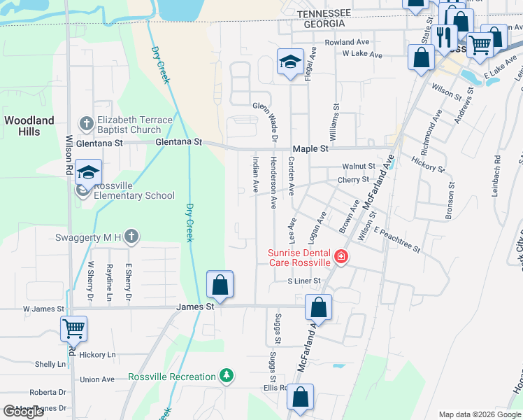 map of restaurants, bars, coffee shops, grocery stores, and more near 801 Indian Avenue in Rossville