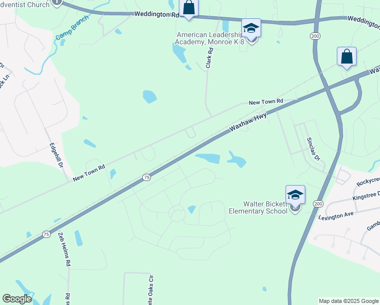 map of restaurants, bars, coffee shops, grocery stores, and more near 2555 Waxhaw Highway in Monroe
