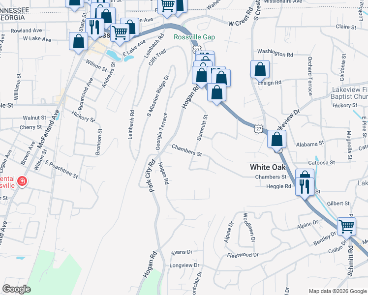 map of restaurants, bars, coffee shops, grocery stores, and more near 409 Chambers Street in Rossville