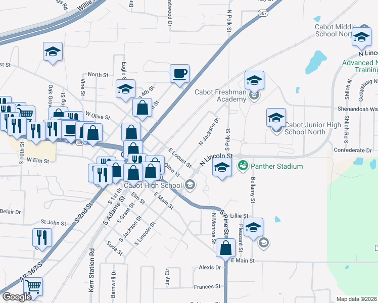 map of restaurants, bars, coffee shops, grocery stores, and more near 505 North Grant Street in Cabot