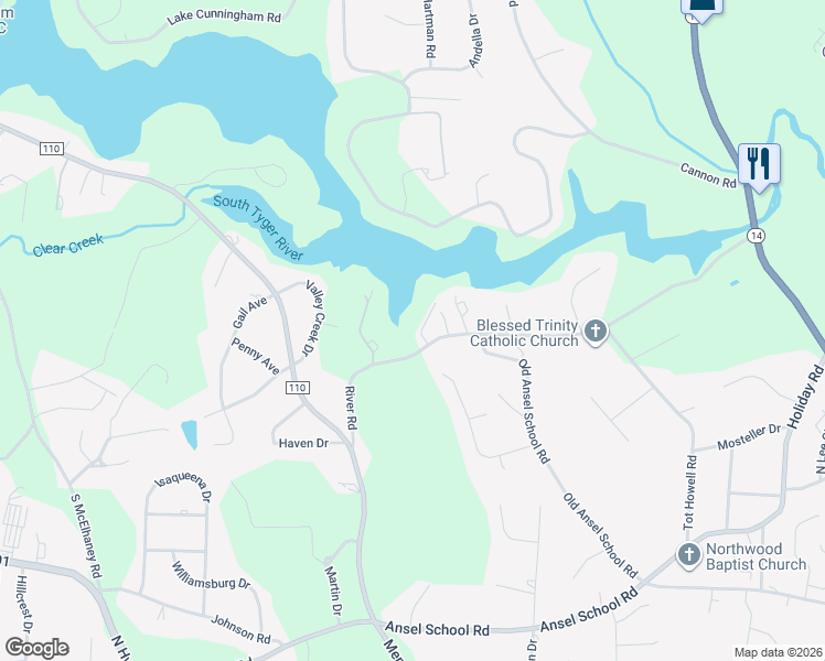 map of restaurants, bars, coffee shops, grocery stores, and more near 1020 River Road in Greer