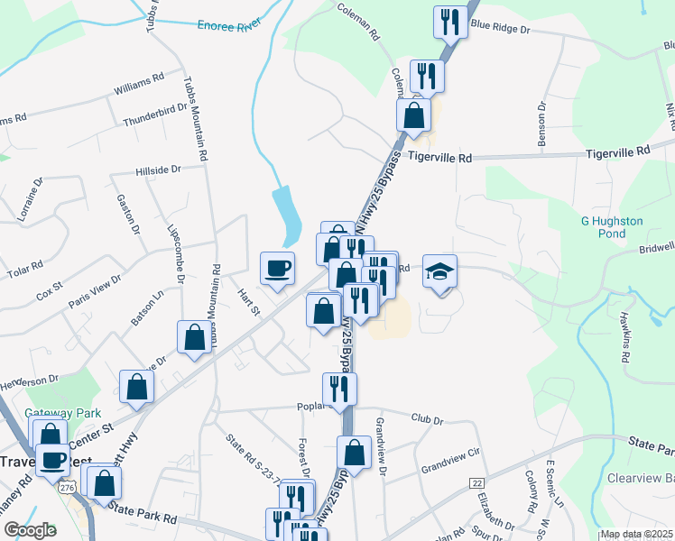 map of restaurants, bars, coffee shops, grocery stores, and more near 423 North Poinsett Highway in Travelers Rest