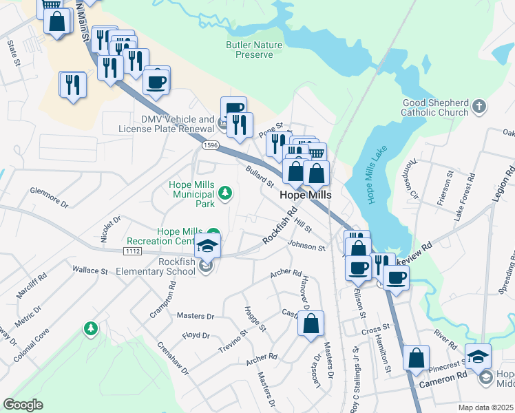 map of restaurants, bars, coffee shops, grocery stores, and more near 3336 Kenmont Lane in Hope Mills