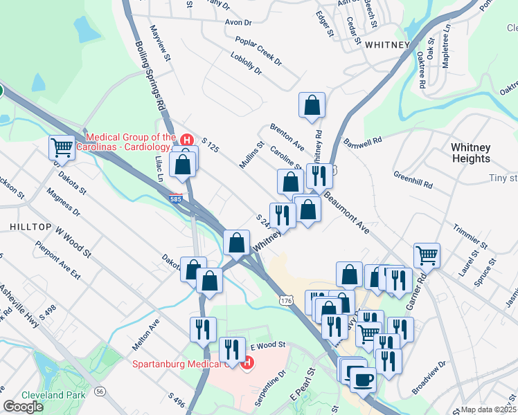 map of restaurants, bars, coffee shops, grocery stores, and more near 214 California Avenue in Spartanburg