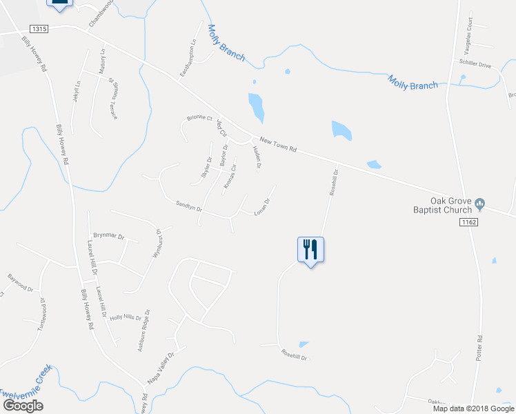 map of restaurants, bars, coffee shops, grocery stores, and more near 1411 Lonan Drive in Waxhaw