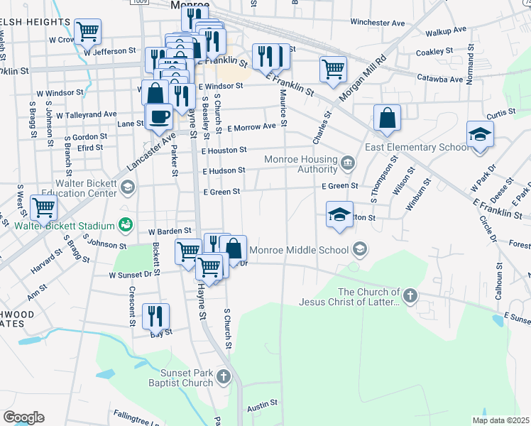 map of restaurants, bars, coffee shops, grocery stores, and more near 717 Forest Valley Lane in Monroe