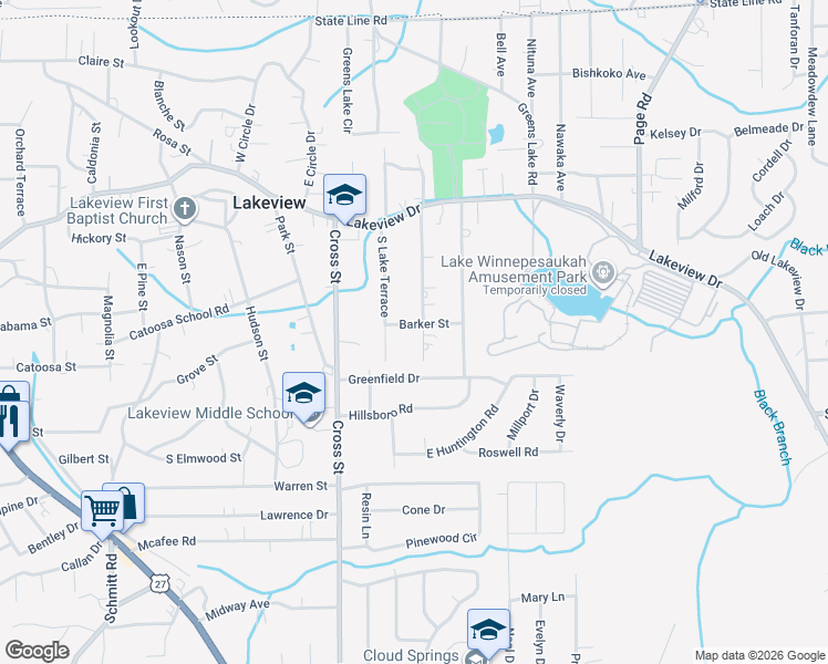 map of restaurants, bars, coffee shops, grocery stores, and more near 58 Barker Street in Rossville