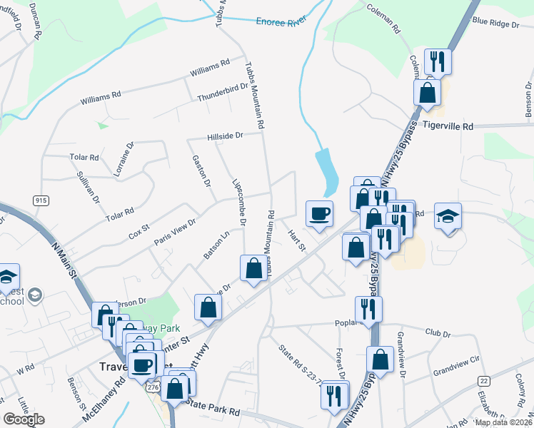 map of restaurants, bars, coffee shops, grocery stores, and more near 203 Tubbs Mountain Road in Travelers Rest