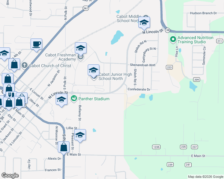 map of restaurants, bars, coffee shops, grocery stores, and more near 1206 North Lincoln Street in Cabot