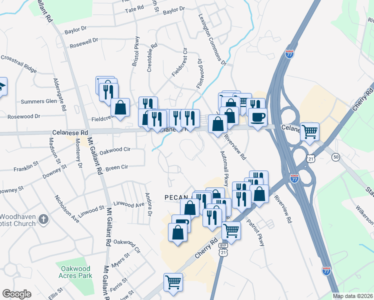 map of restaurants, bars, coffee shops, grocery stores, and more near 1742 Hunters Trail in Rock Hill