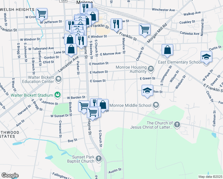 map of restaurants, bars, coffee shops, grocery stores, and more near 718 Forest Valley Lane in Monroe