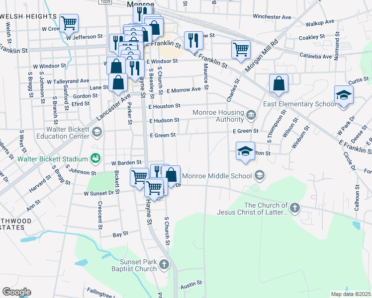 map of restaurants, bars, coffee shops, grocery stores, and more near 718 Forest Valley Lane in Monroe