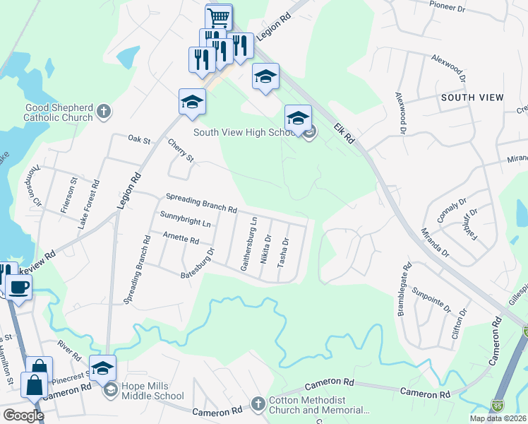 map of restaurants, bars, coffee shops, grocery stores, and more near 5236 Spreading Branch Road in Hope Mills