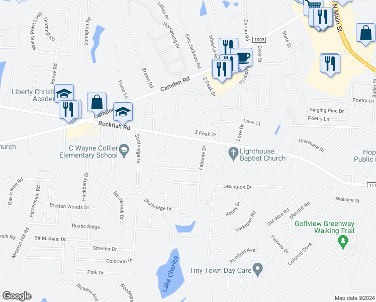 map of restaurants, bars, coffee shops, grocery stores, and more near 5939 Notblake Avenue in Hope Mills