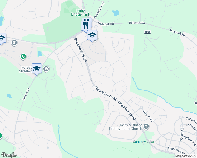map of restaurants, bars, coffee shops, grocery stores, and more near 1975 Peace Road in Fort Mill